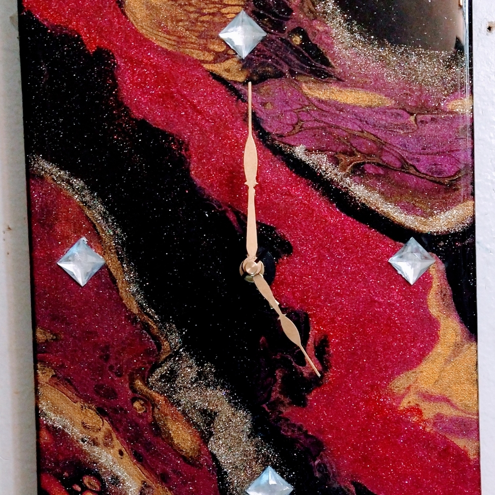 Hand made metallic and iridescent glitter abstract abstract painting clock